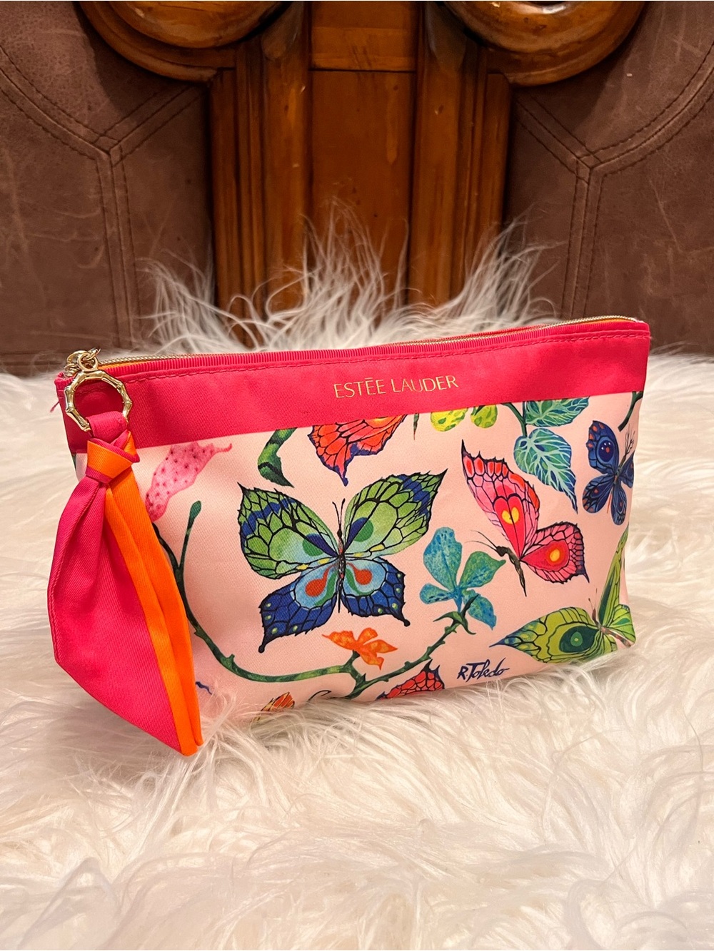 Estee Lauder Pink Butterfly Print Cosmetic bag